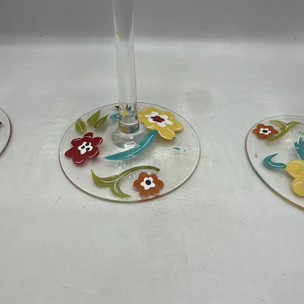 Pier 1 Hand Painted Spring Floral Wine Glasses (3) 9-1/2